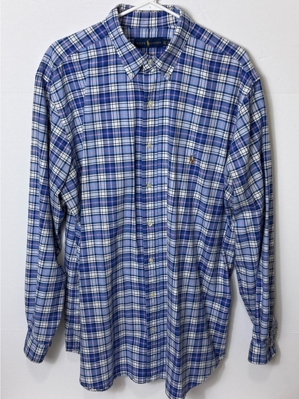 Ralph Lauren Blue and White Plaid Button-Down Oxford Shirt